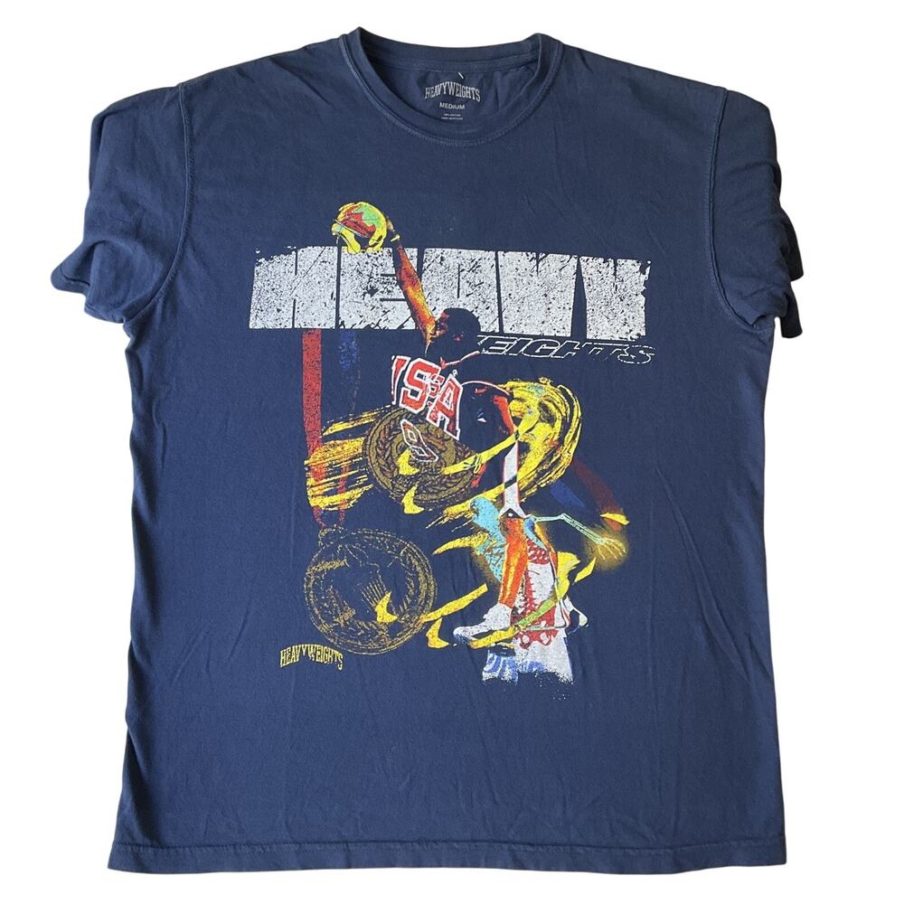 Heavyweights Men Shirt MEDIUM Navy Graphic Print USA Athlete Short Sleeve Cotton
